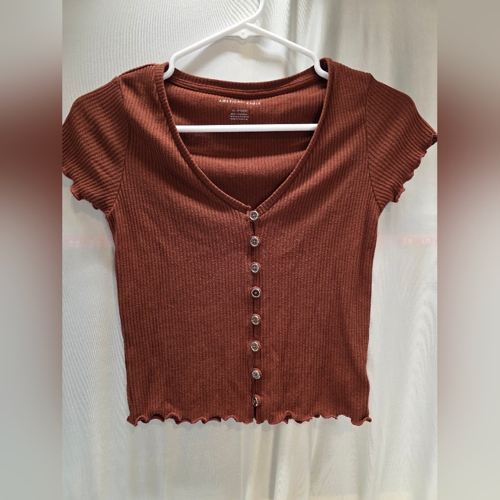 American Eagle Outfitters Brown Ribbed Button-Up Top